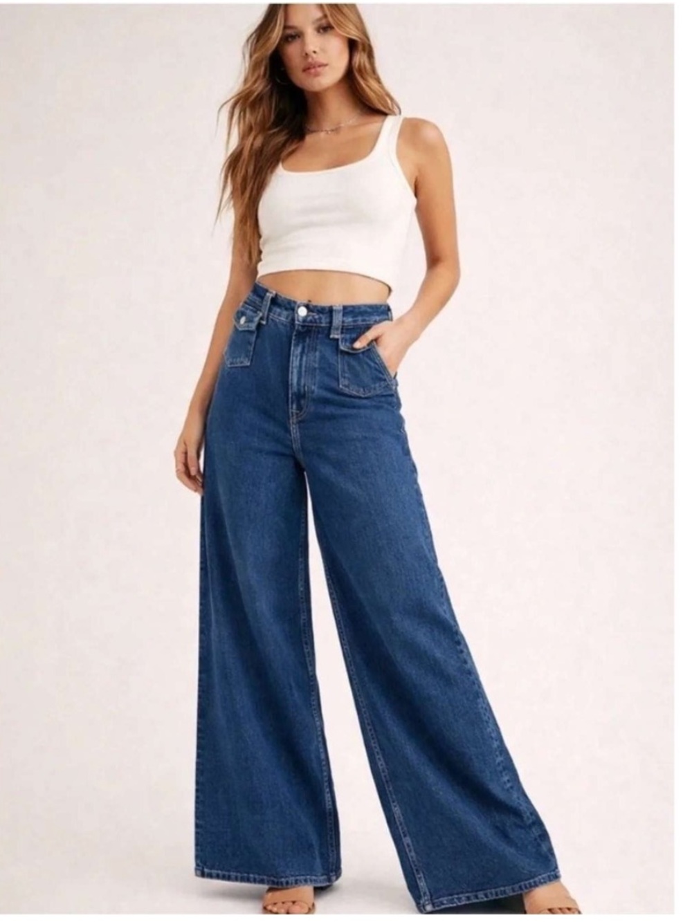 We The Free Free People High Rise Wide Leg Blue Denim Jeans Kellee 26-27 New